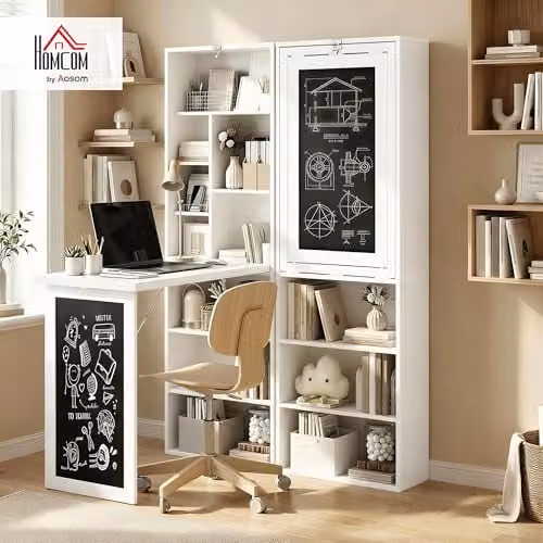 HOMCOM Wall Mounted Folding Computer Desk with Blackboard, White, W: 98 cm, D: 51 cm, H: 60 cm – 2