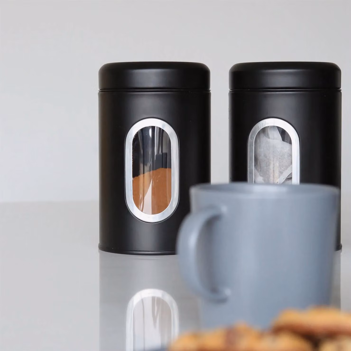 Harbour Housewares 3-Piece Stainless Steel Tea, Coffee and Sugar Canister Set with Window in Black – 4