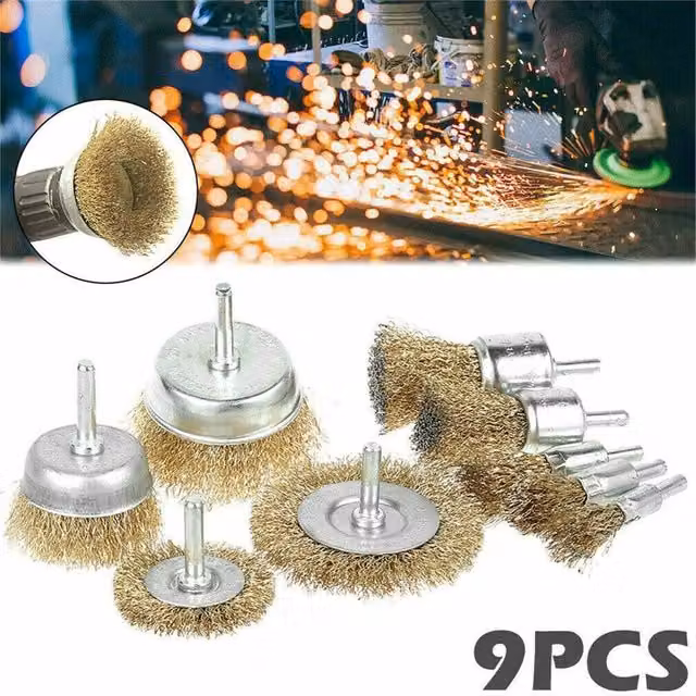 Nordara 9-Piece Yellow Steel Wire Brush Set for Drill Rotary Polishing and Rust Removal on Metal and Wood