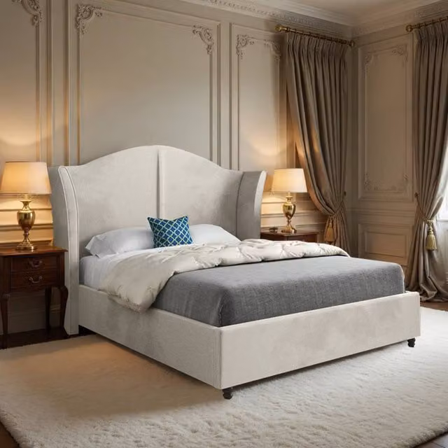 KDMD Wiggonholt Curved Winged Upholstered Bed Frame in Beige Soft Velvet, Size: Double (140 x 200 cm)
