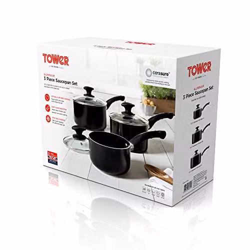 Tower T81507 Essentials 3 Piece Induction Saucepan Set with Lids, Ceramic Non-Stick Coating, Black – 7