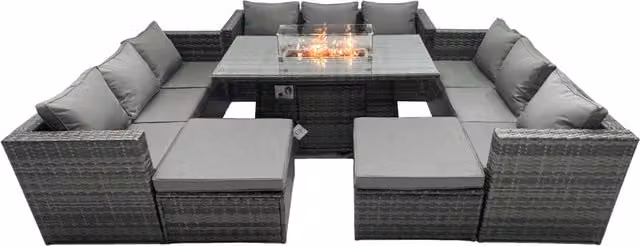 Fimous 11 Seater Rattan Garden Furniture Firepit Set with Glass Top Dining Table in Dark Grey