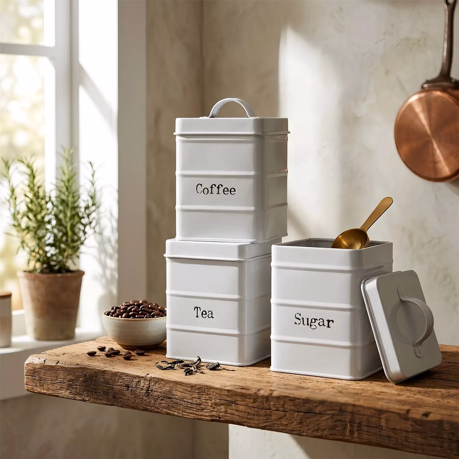 Harbour Housewares Metal Tea Coffee Sugar Canister Set in Grey, 3-Piece Airtight Vintage Food Storage Containers – 5
