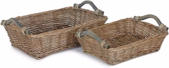 Set of 2 Red Hamper Antique Wash Wicker Trays with Wooden Handles