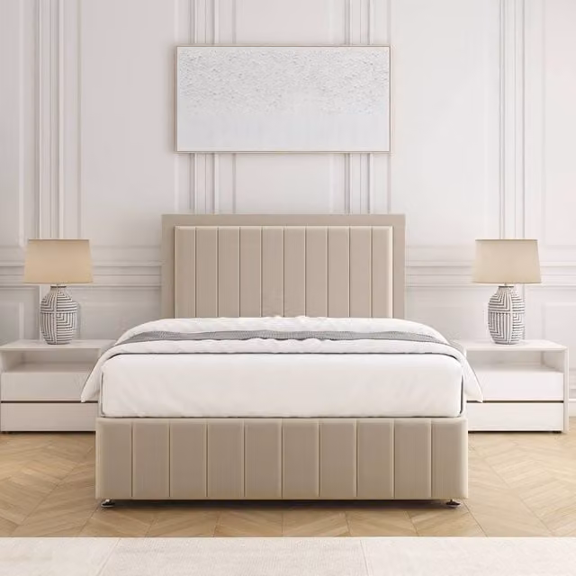 BSSPOKE Sophia Divan Bed Set with 54 inch Headboard and Mattress in Beige Plush Velvet, Single W/D/H: 90 x 190 cm