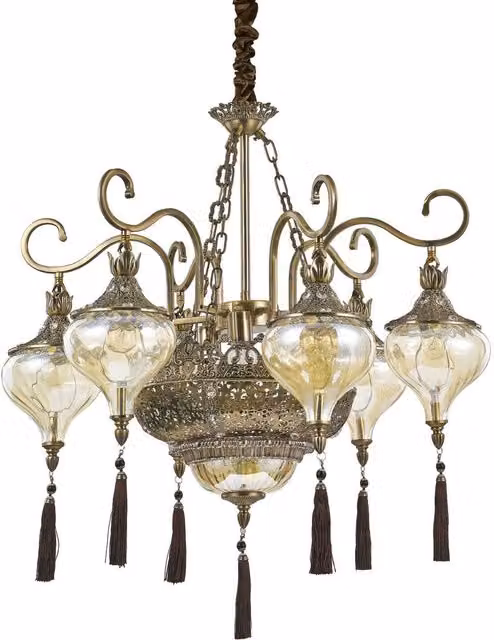 Ideal Lux Harem 9-Light Multi-Arm Chandelier in Antique Brass and Amber Crystal