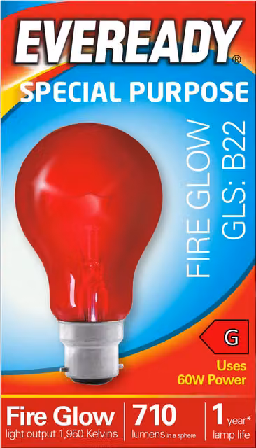 Eveready B22 Red Incandescent Fireglow Decorative Glass Light Bulb, 60W, 1950K