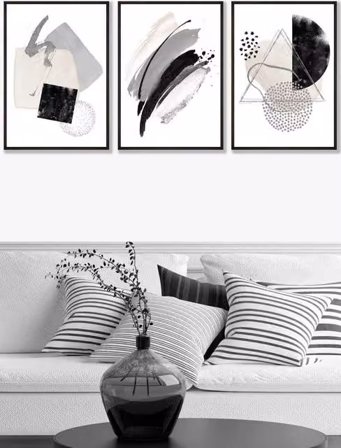 ARTZE Abstract Geometric Framed Wall Art in Black, Grey and Silver, W: 53 cm, H: 73 cm, D: 2 cm
