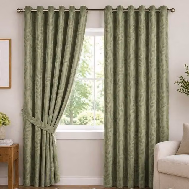Luxury Living Jacquard Leaf Ring Top Curtains in Green, Semi-Transparent Floral Fabric, Width: 229 cm, Drop: 274 cm – 1