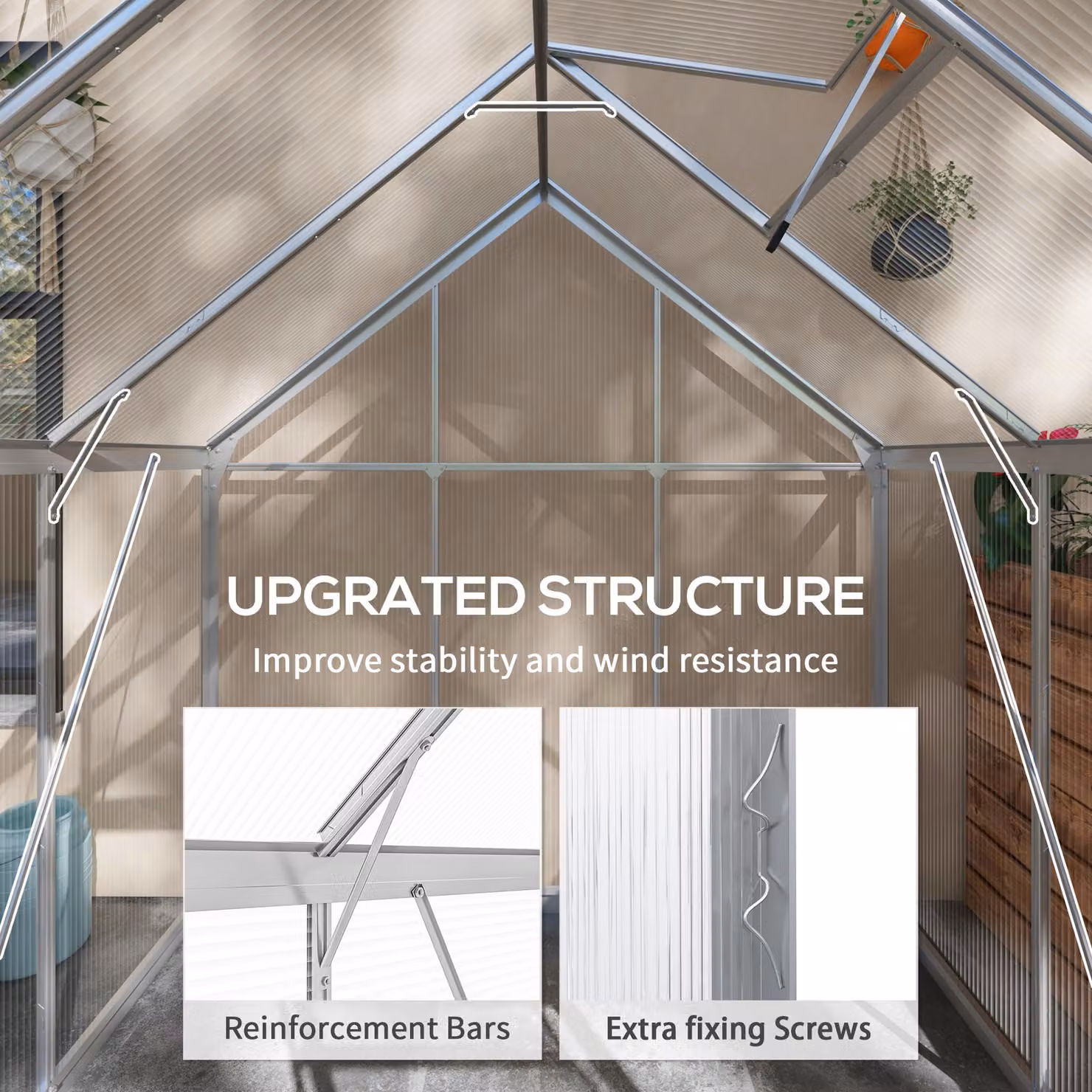 Outsunny Silver Walk-In Polycarbonate Greenhouse with Aluminium Frame, Sliding Door and Window, W/D/H: 182.88 x 190 x 205 cm – 4