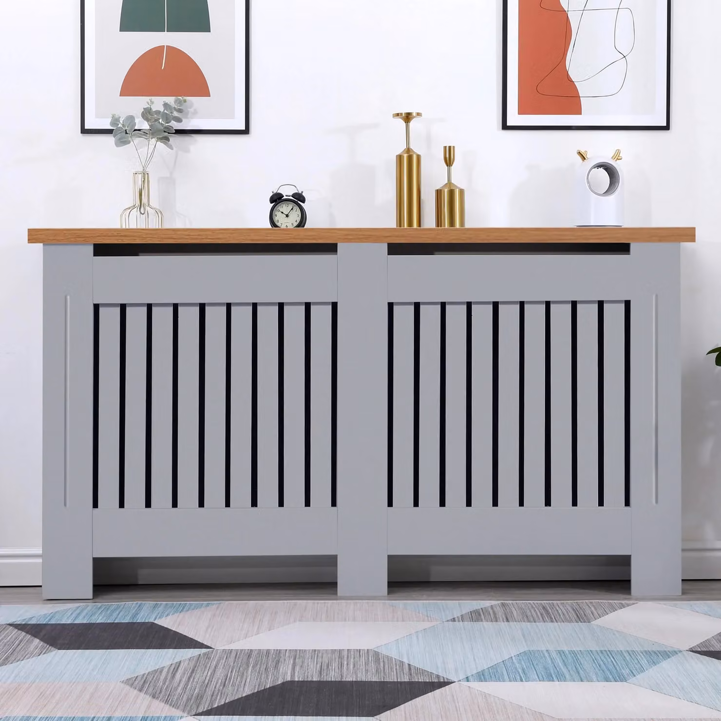 DHS Grey Radiator Cover with Oak Top and Vertical Slatted Design