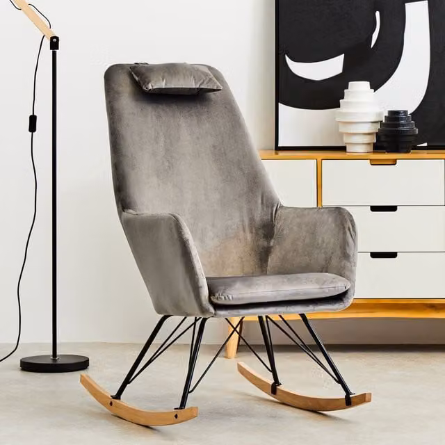 Orsina Grey Velvet Rocking Chair with Armrests and Mixed Wood and Metal Frame, H 108 x W 62 x D 62 cm – 1
