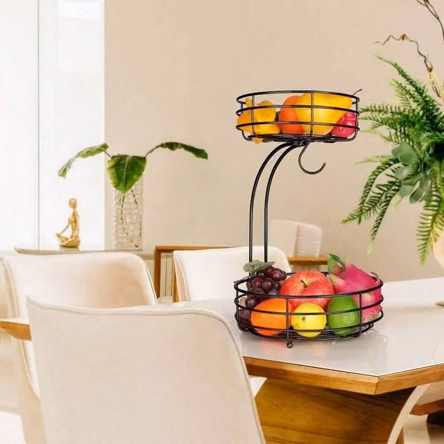 Kelvenix 2-Tier Metal Fruit Basket with Banana Hanger in Black – 1