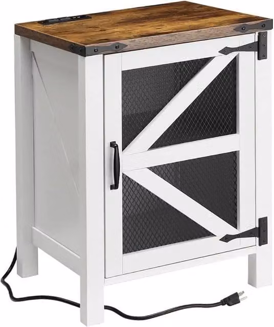 VOGREX White Farmhouse Nightstand with Charging Station and Media Compartments