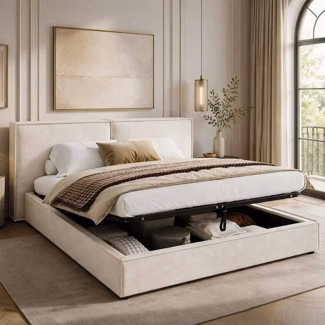 Rolipo Super King Size Ottoman Storage Bed Frame in Beige Chenille Upholstered Fabric, 200 x 200 cm