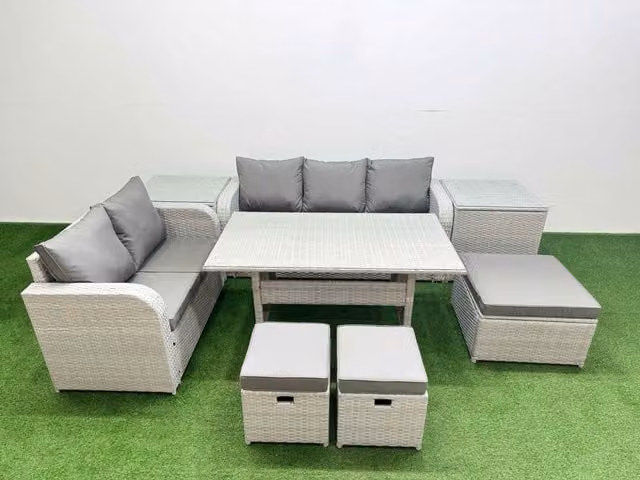 Fimous 8 Seater Grey PE Rattan Wicker Garden Furniture Set with Rectangular Dining Table, 3 Seater Sofa, Love Seat, 3 Stools and 2 Side Tables