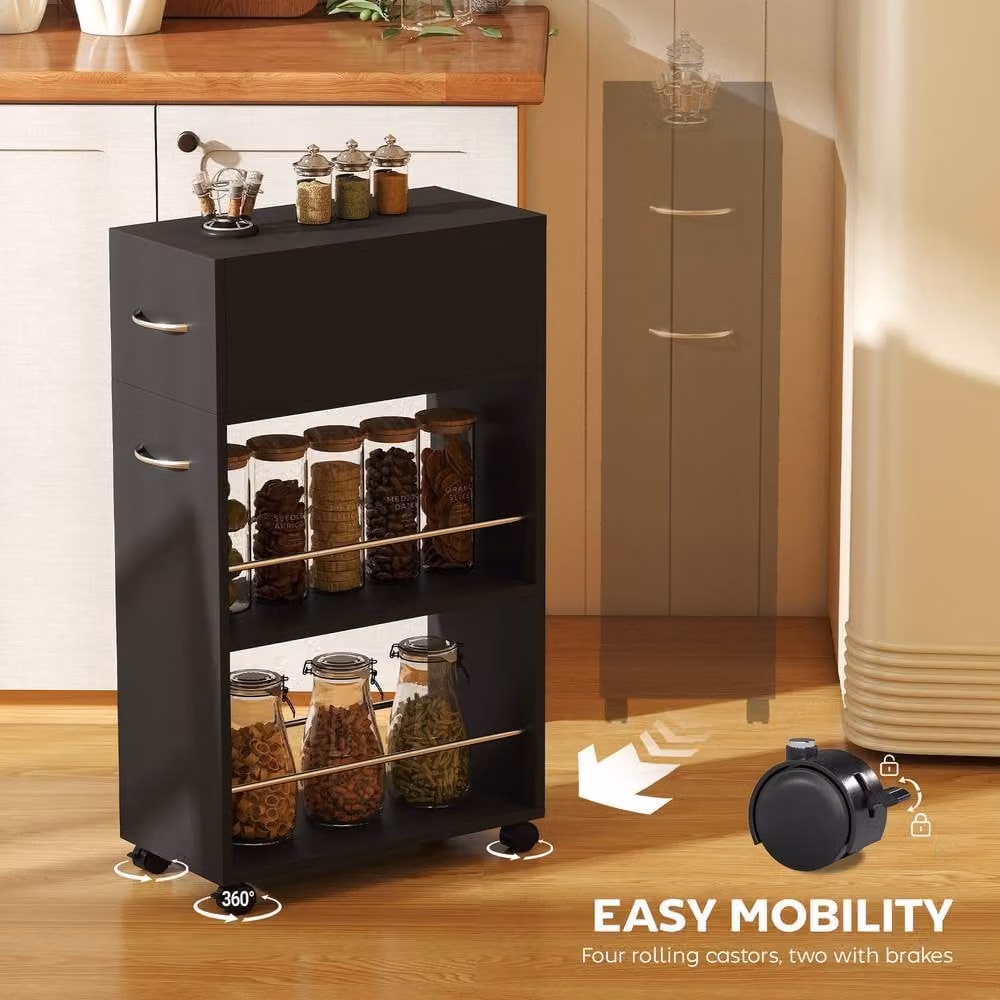 STILVORA Modern Black Storage Trolley with Drawer and Shelves in Wood and Metal – 6