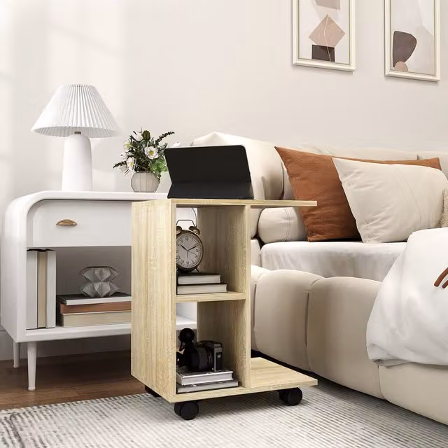 HOMCOM C Shape End Table with 2 Shelves in Natural Wood Finish