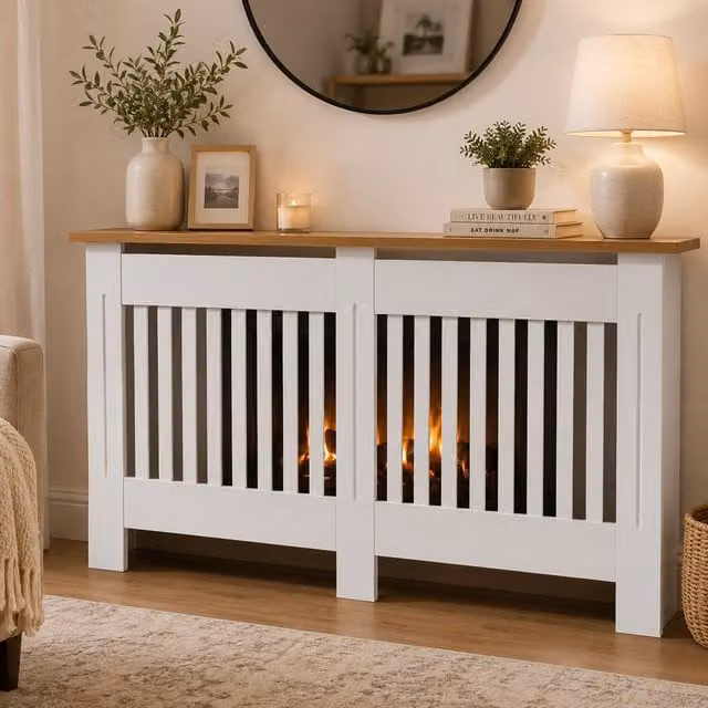 Gr8 Home Large White Wooden Radiator Cover MDF Slatted Grill Cabinet Display Shelf, Width: 152 cm