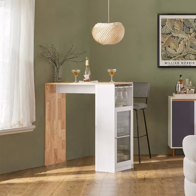 SoBuy Modern Kitchen Breakfast Bar Table with Storage Cupboard in White and Rubberwood