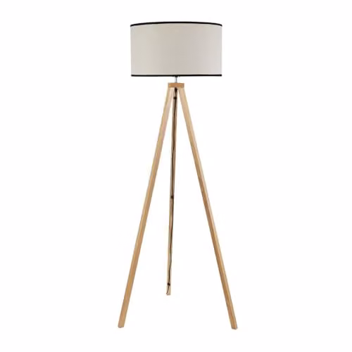 ValueLights Natural Wood Tripod Floor Lamp with Black Trim Fabric Drum Shade and Included LED Bulb – 1