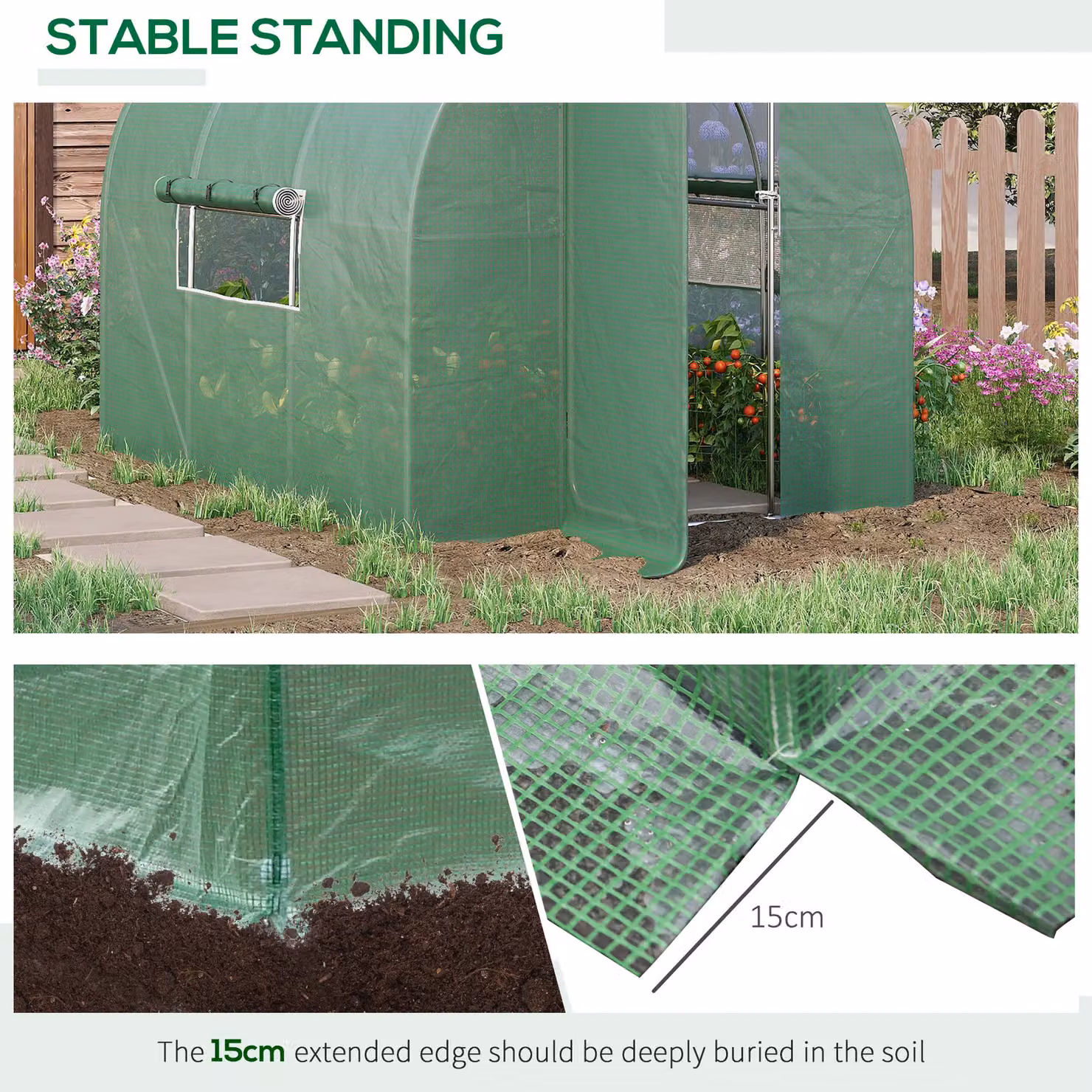 Outsunny Large Walk-in Polytunnel Greenhouse with Galvanised Steel Frame and Hinged Door, Green, W: 3 m, D: 2 m, H: 2 m – 4