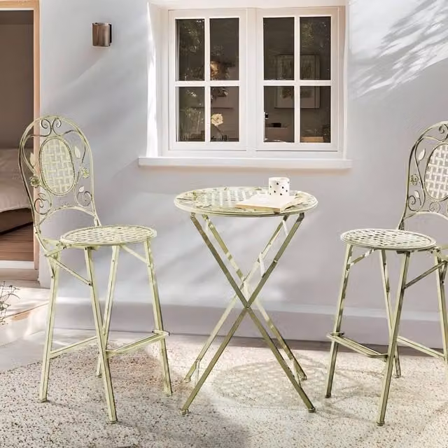 Wyld and Coco Provencal Foldable Iron Bistro Table for 2 in Distressed Light Green, W/D/H: 60 x 60 x 89 cm