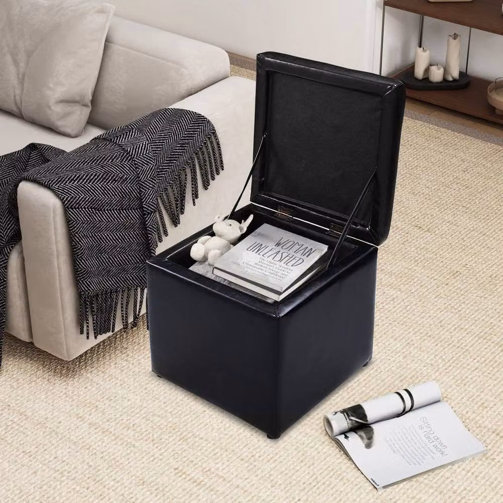KORVIXA Black Upholstered Storage Stool with Wooden Seat and Lid, W/D/H: 40 x 40 x 40 cm – 3