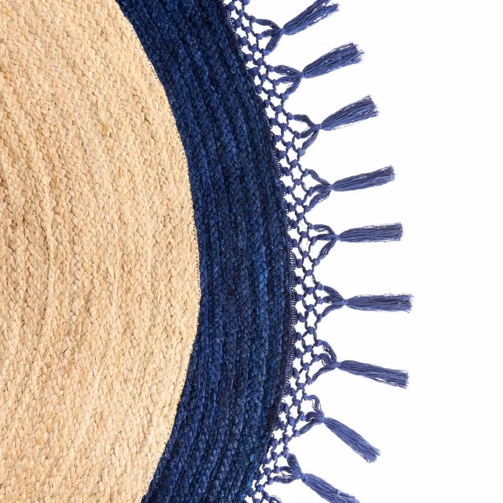 Wyld and Coco Round Jute and Cotton Boho Rug in Beige and Blue, Diameter: 200 cm – 3