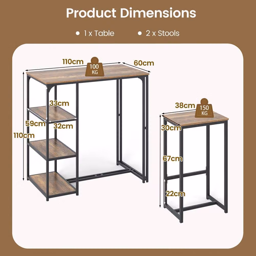 Costway 3-Piece Industrial Bar Table Set with 2 Stools in Brown – 2