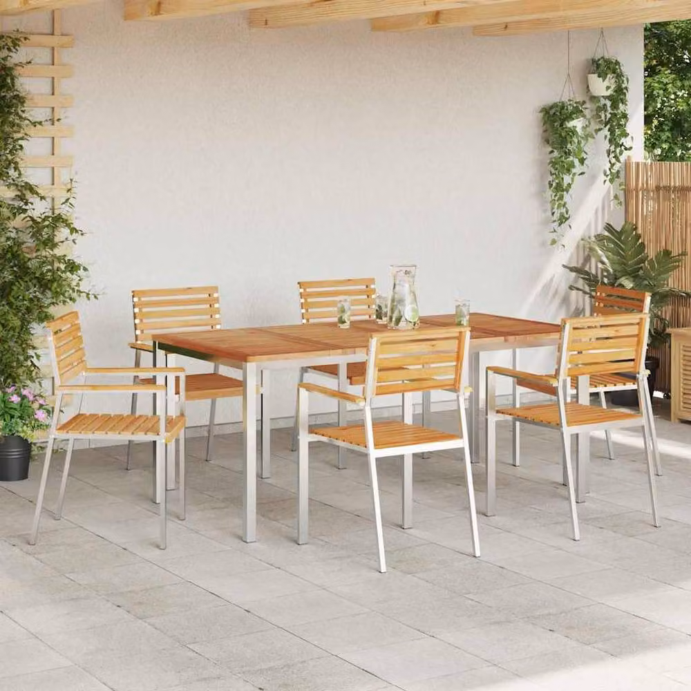 Berkfield Home 7 Piece Modern Teak Wood Garden Dining Set in Brown – 3