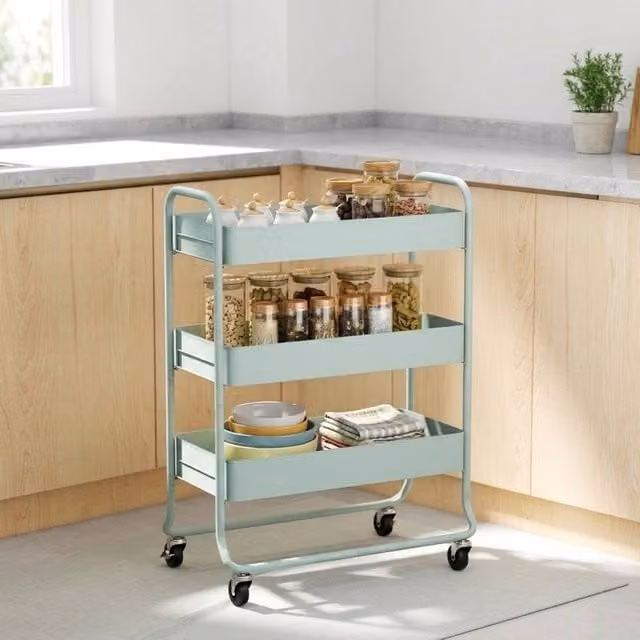 STILVORA 3-Basket Metal Storage Trolley on Wheels in Matt Green