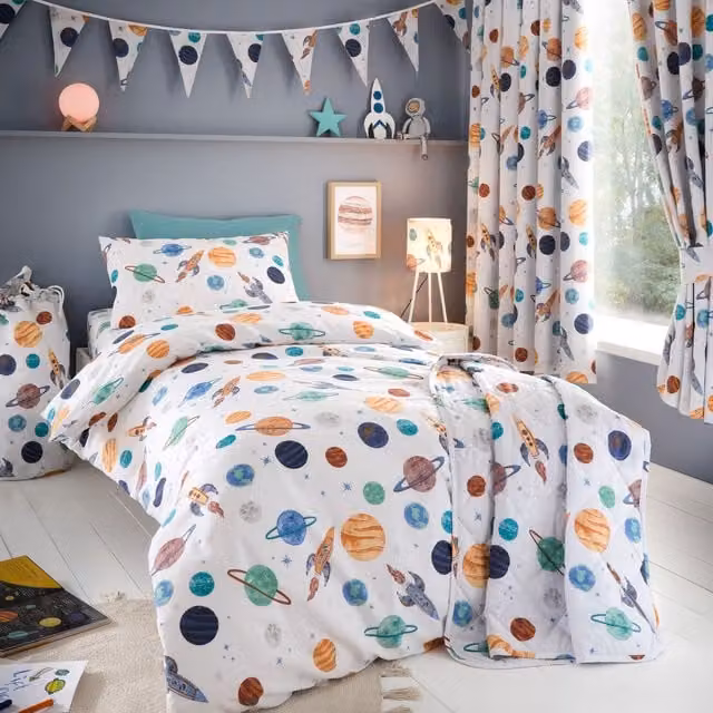 Happy Linen Company Cosmic Planets Reversible Duvet Cover and Pillowcase Set, White, Toddler Size