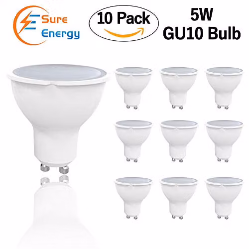 Sure Energy Pack of 10 White GU10 LED Spotlights, 5W, 400Lm, 3000K Warm White, Adjustable