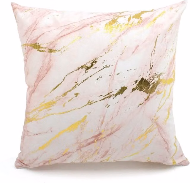 Velosso Pink Metallic Marble Printed Plush Square Cushion with Removable Washable Cover