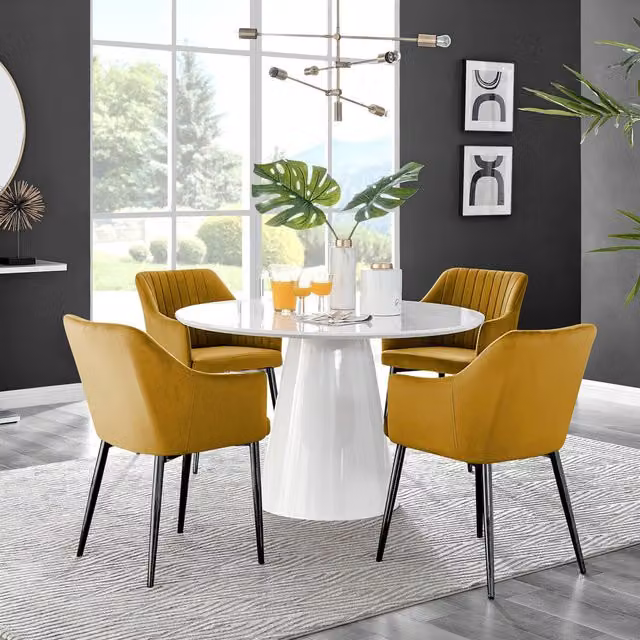 FurnitureboxUK Palma White High Gloss Round Dining Table and 4 Calla Black Leg Chairs in Mustard
