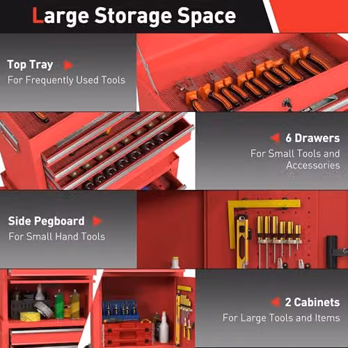 HOMCOM Lockable 3-in-1 Rolling Tool Chest with 6 Drawers in Red – 4