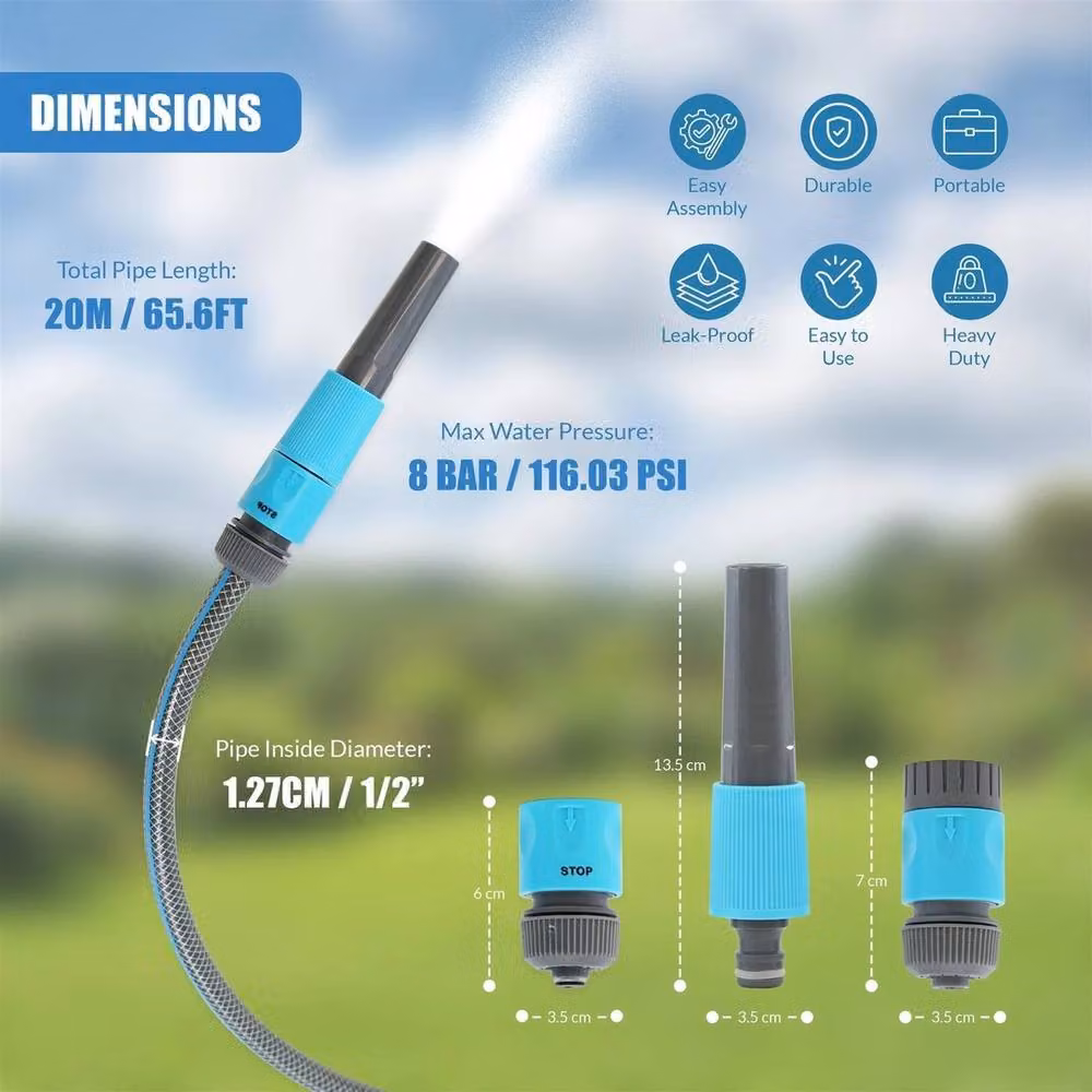 EONLION Grey Hose Set with 20m Pipe and Water Spray Nozzle – 2