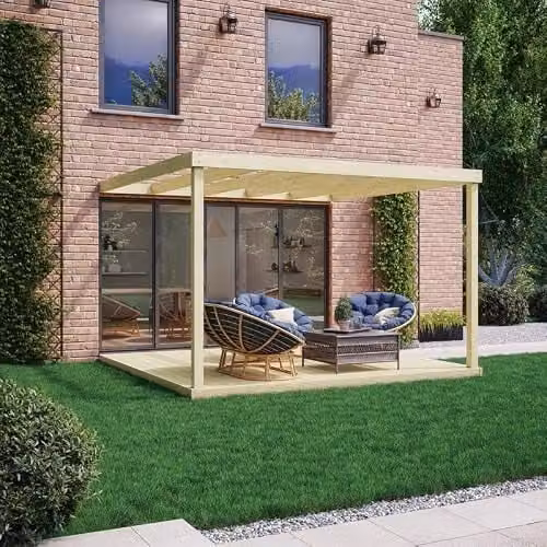 Buttercup Farm Wall Mounted Wood Pergola and Decking Kit in Green, W: 240 cm, D: 240 cm, H: 270 cm