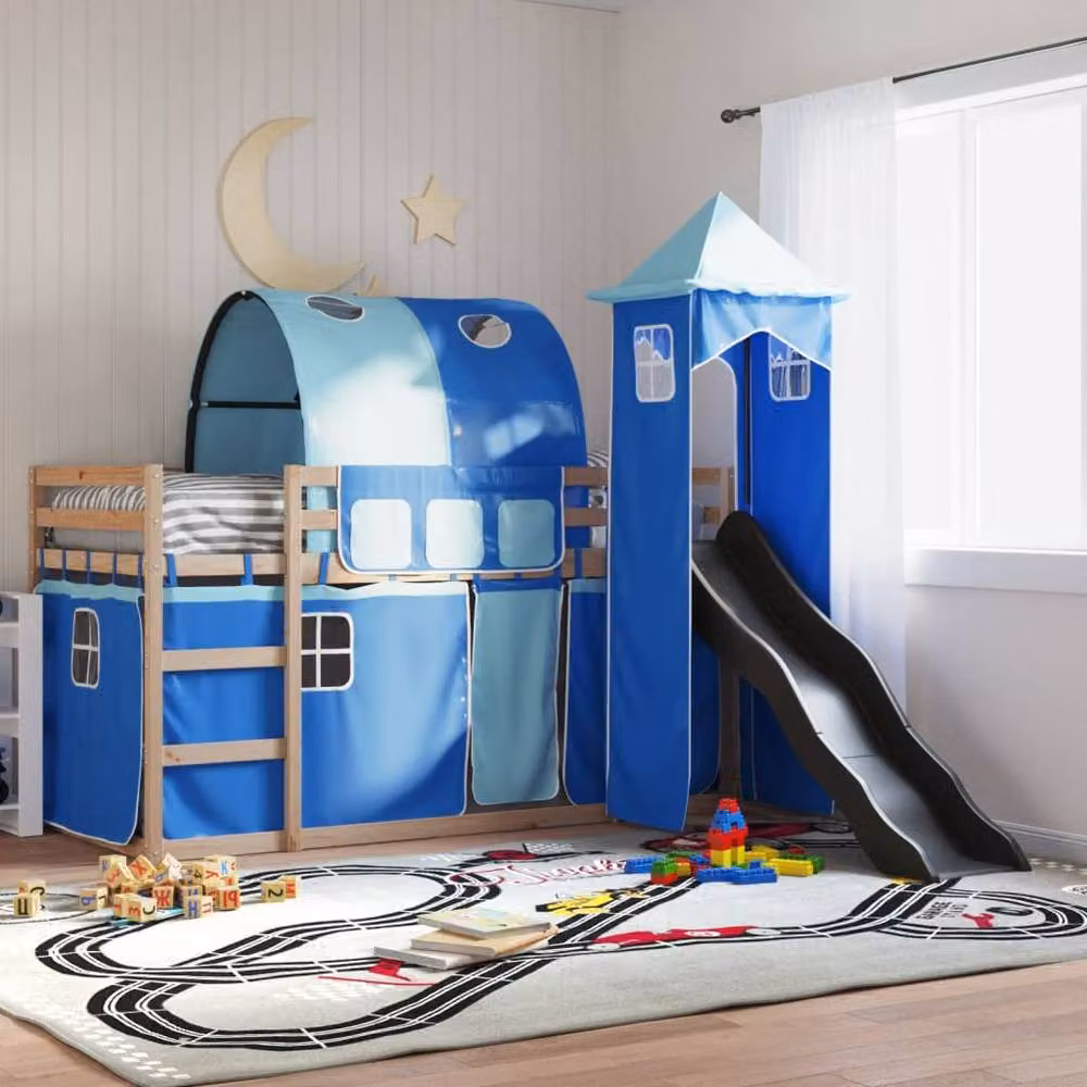 Berkfield Home Blue Solid Wood Childrens Bunk Bed with Slide and Curtains W/D/H: 80 x 200 cm – 2
