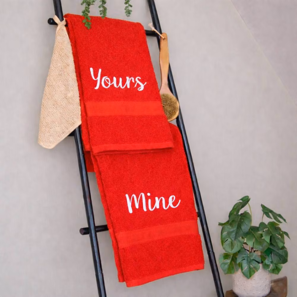 Duncan Stewart Personalised Red Cotton Terry Bath Towel Set for Couples – 2