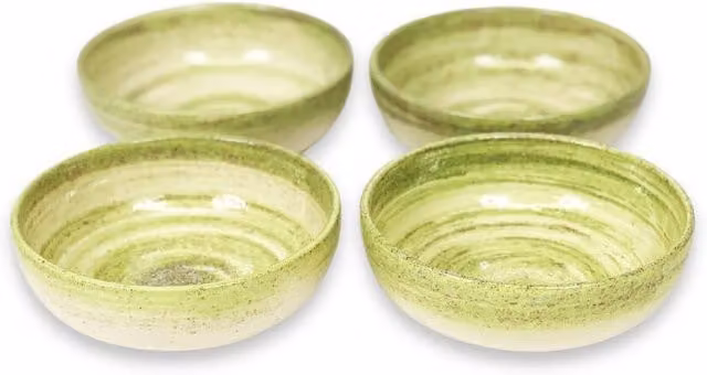 Verano Spanish Ceramics Pastel Beach Hand Painted Ceramic Shallow Bowls, Set of 4, Green, Diameter: 14 cm