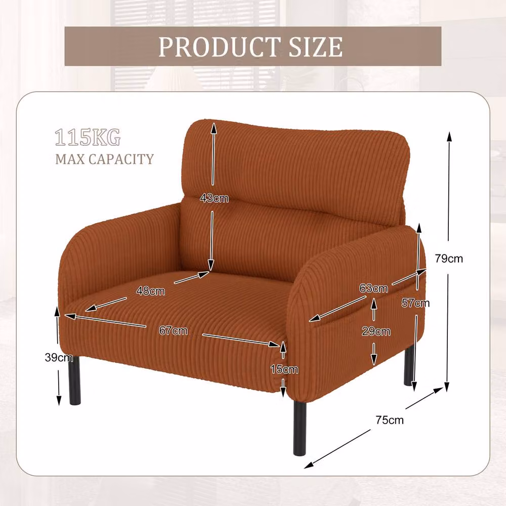 Direct Wicker Orange Corduroy Single Armchair with Solid Wood Frame and Foam Padding – 2