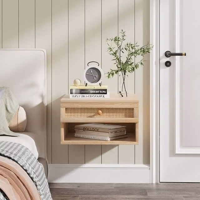 Lifeideas Wall Mounted Floating Bedside Table in Yellow with Rattan and MDF