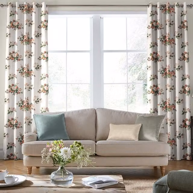 Laura Ashley Rosemore Made to Measure Blackout Floral Fabric Panel Curtain in Beige, White and Multicolour with Eyelets