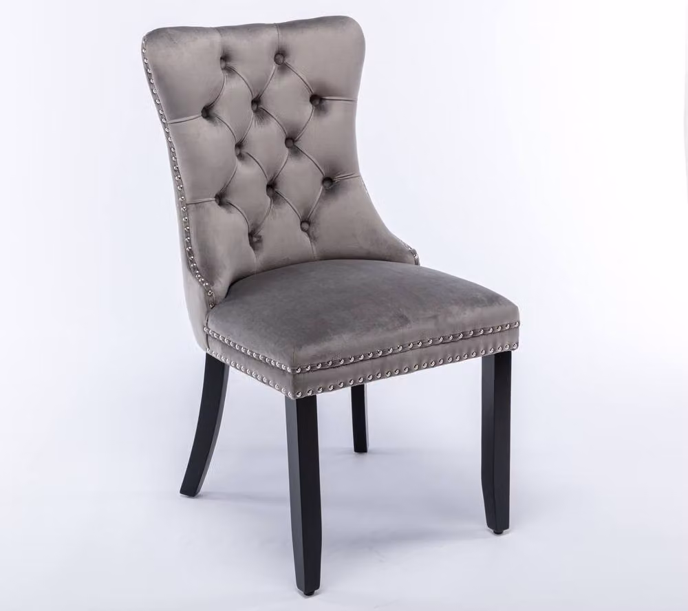 Modern Home Touch Romsey Set of 2 Grey Velvet Upholstered Dining Chairs with Oak Legs and Knocker Ring Back – 2
