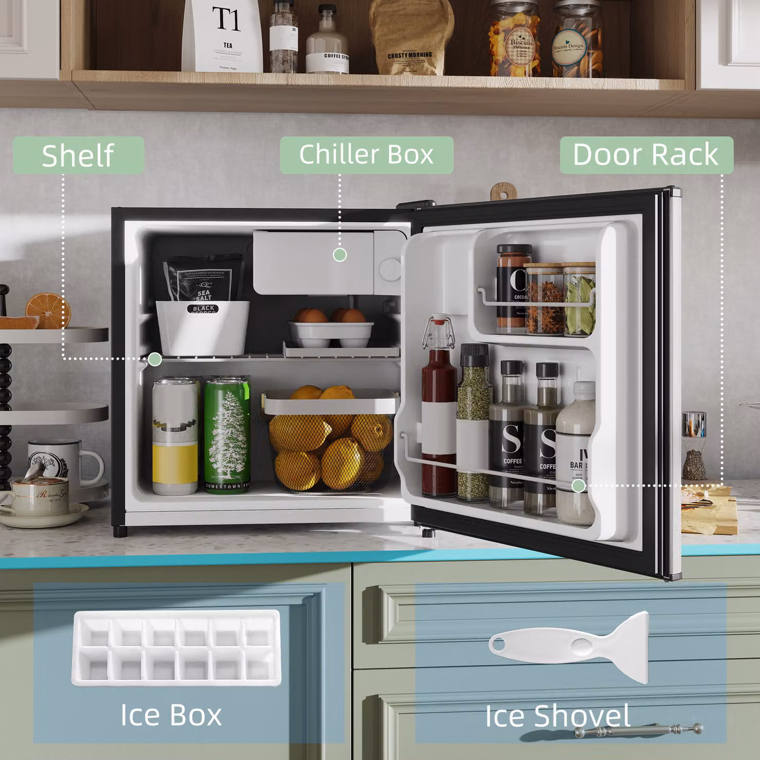 HOMCOM 46 Litre Table Top Mini Fridge with Ice Box and Reversible Door in Silver Tone – 4