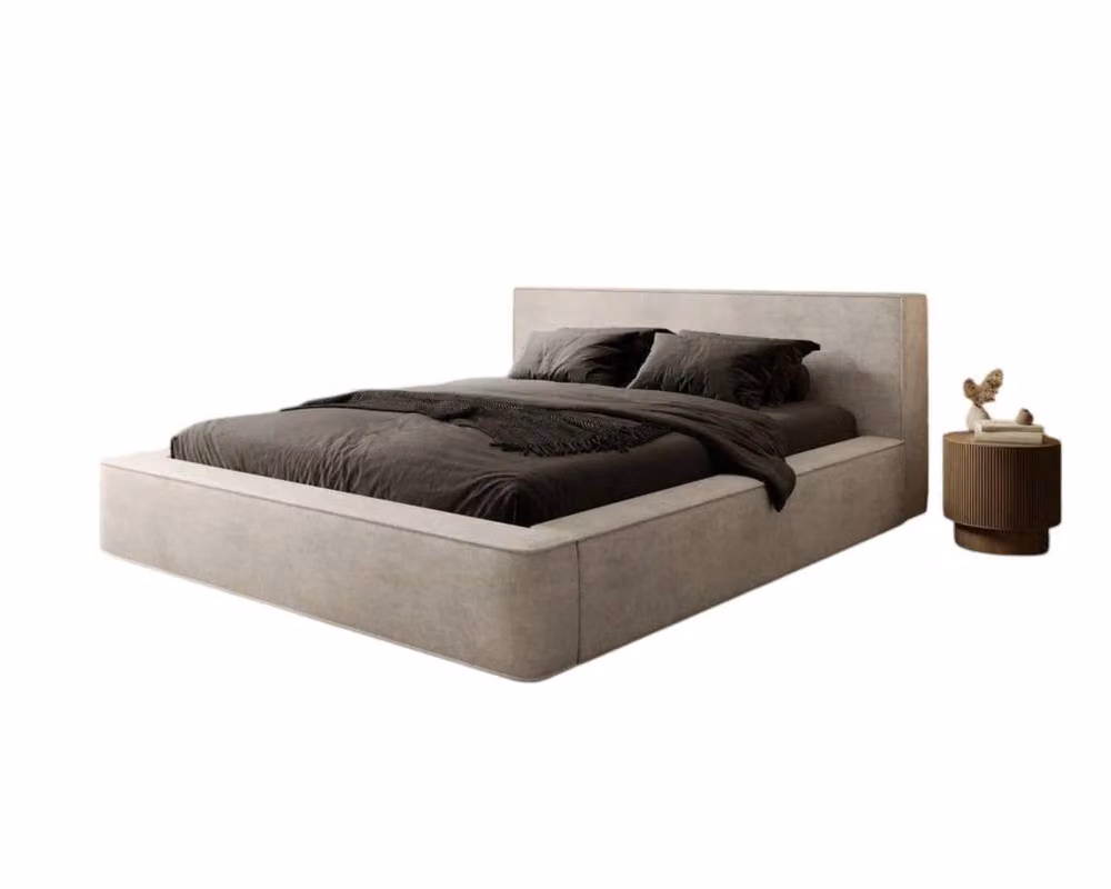 Stratus Interiors Optimus Luxury Velvet Bed Frame with Chevron Panel Headboard and Lift Up Base in Beige, Super King, W: 200 cm x D: 200 cm – 2