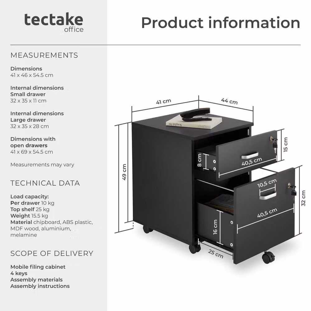 tectake Metal Filing Cabinet in Black with 2 Lockable Rolling Drawers for A4 Documents – 6