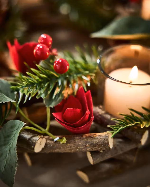 Dibor Set of 2 Red Christmas Rose Table Centrepiece Tealight Candle Holders, 30 cm – 4